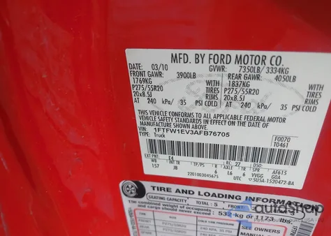 2010 Ford F-150 Fx4/Harley-Davidson/King Ranch/Lariat/Platinum/Xl/Xlt from USA, damaged, VIN 1FTFW1EV3AFB76705